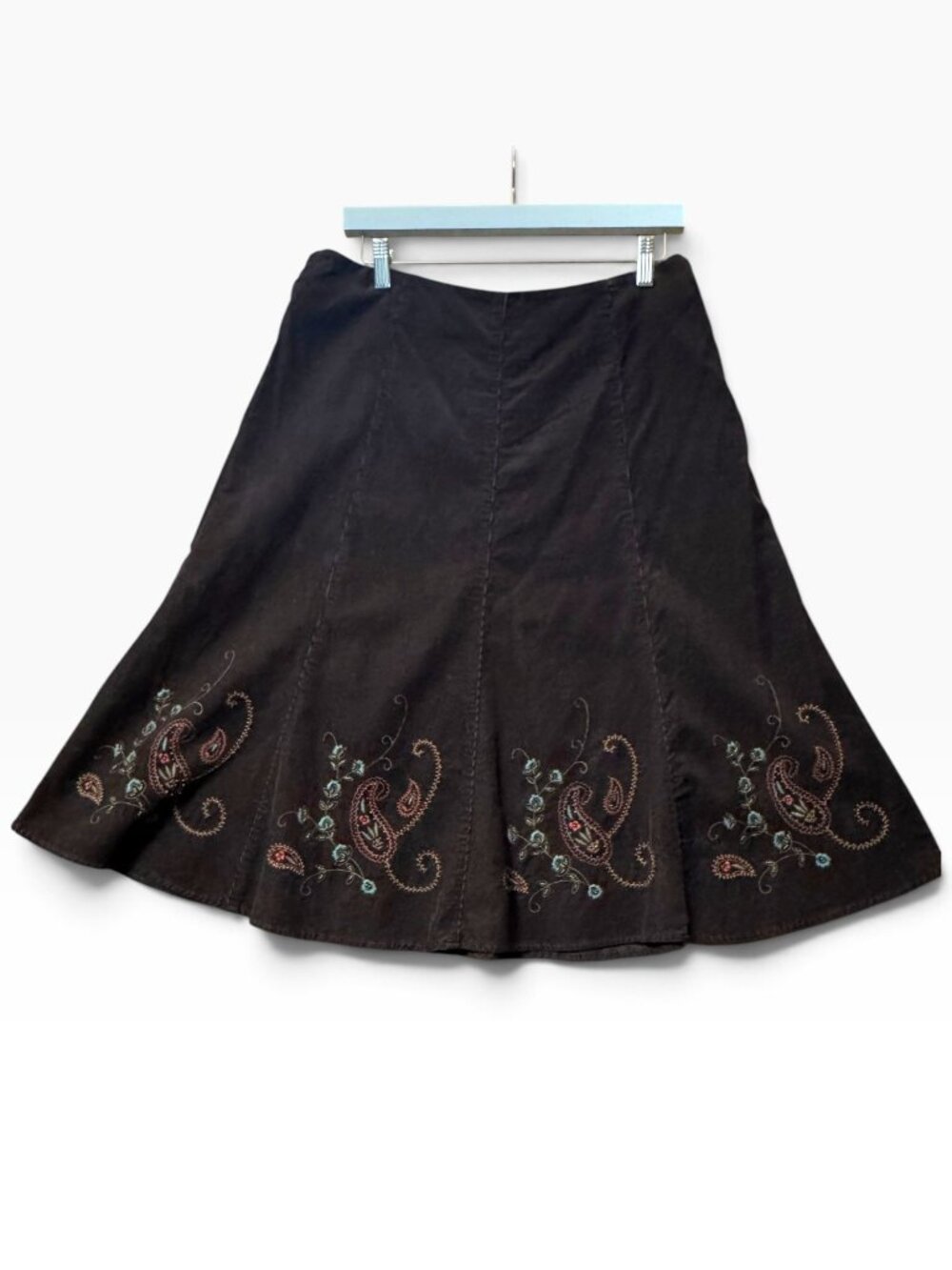 Jones New York Sport Brown Embroidered Corduroy Boho Midi Skirt Size 10 Cotton